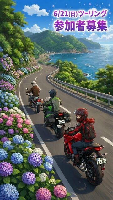 オートパークSKYです🤗
6月21日(日)に定例のツーリングを開催いたします❗️

参加ご希望の方は公式LINEチャットもしくはお店の電話（0985-85-6000）までご連絡下さい🤗

※排気量指定なし
※ご質問等あれば、チャットにお送り下さい。

〜概要〜
【開催日】6月21日（日）
【集合時間】オートパークスカイに9:30
【参加費】無料（昼食代別）
【予定ルート】SKY →日南→都城→SKY
道の駅（酒谷）で昼食をとって、午後に帰着予定です。
*  タンデムOK
*  先着20名
*  高速道路不使用
【申込締切】6月19日（金）

【直近ツーリング予定】
6/21　排気量指定なし
7/26　排気量指定なし
※ただし、原付を除く

#宮崎 #バイク #ツーリング #オートパークスカイ