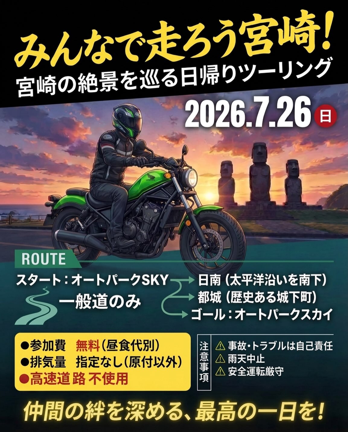 オートパークSKYです😊🌻
7月26日（日）に定例のツーリングを開催いたします❗️

バイク初心者、お一人様での参加、大歓迎です🤗

参加ご希望の方は公式LINEチャットもしくはお店の電話
（0985-85-6000） までご連絡下さい❗️
※排気量指定なし（原付除く）
※ご質問等あれば、チャットにお送り下さい。

～概要～
【開催日】7月26日（日）
【集合時間】オートパークスカイに9:30
【参加費】無料（昼食代別）
【予定ルート】SKY →日南→都城→SKY
道の駅（酒谷）で昼食をとって、午後に帰着予定です。
* タンデムOK
* 先着20名
* 高速道路不使用
【申込締切】7月24日（金）

#宮崎 #バイク #ツーリング #オートパークスカイ